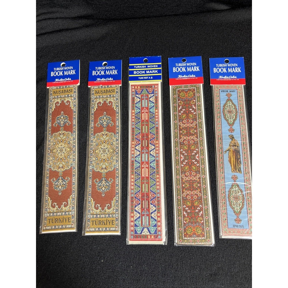 Vintage Turkish Woven Bookmarks Lot Of 5 Sealed Souvenir Textile Carpet Designs
